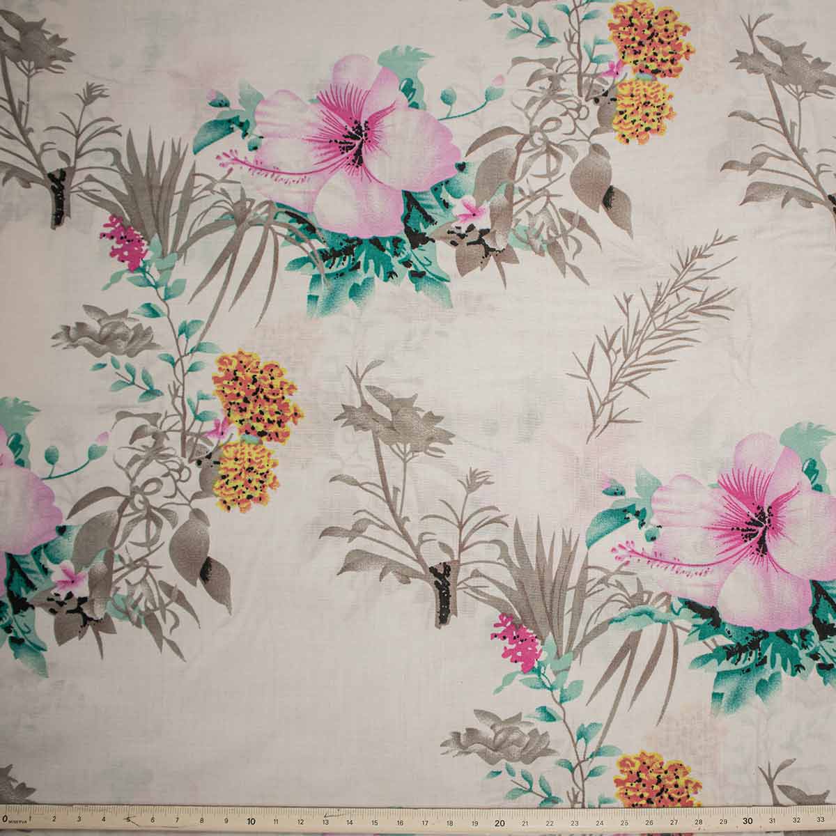 Viskose Druck - weißer Stoff mit rosa gelben Blumen